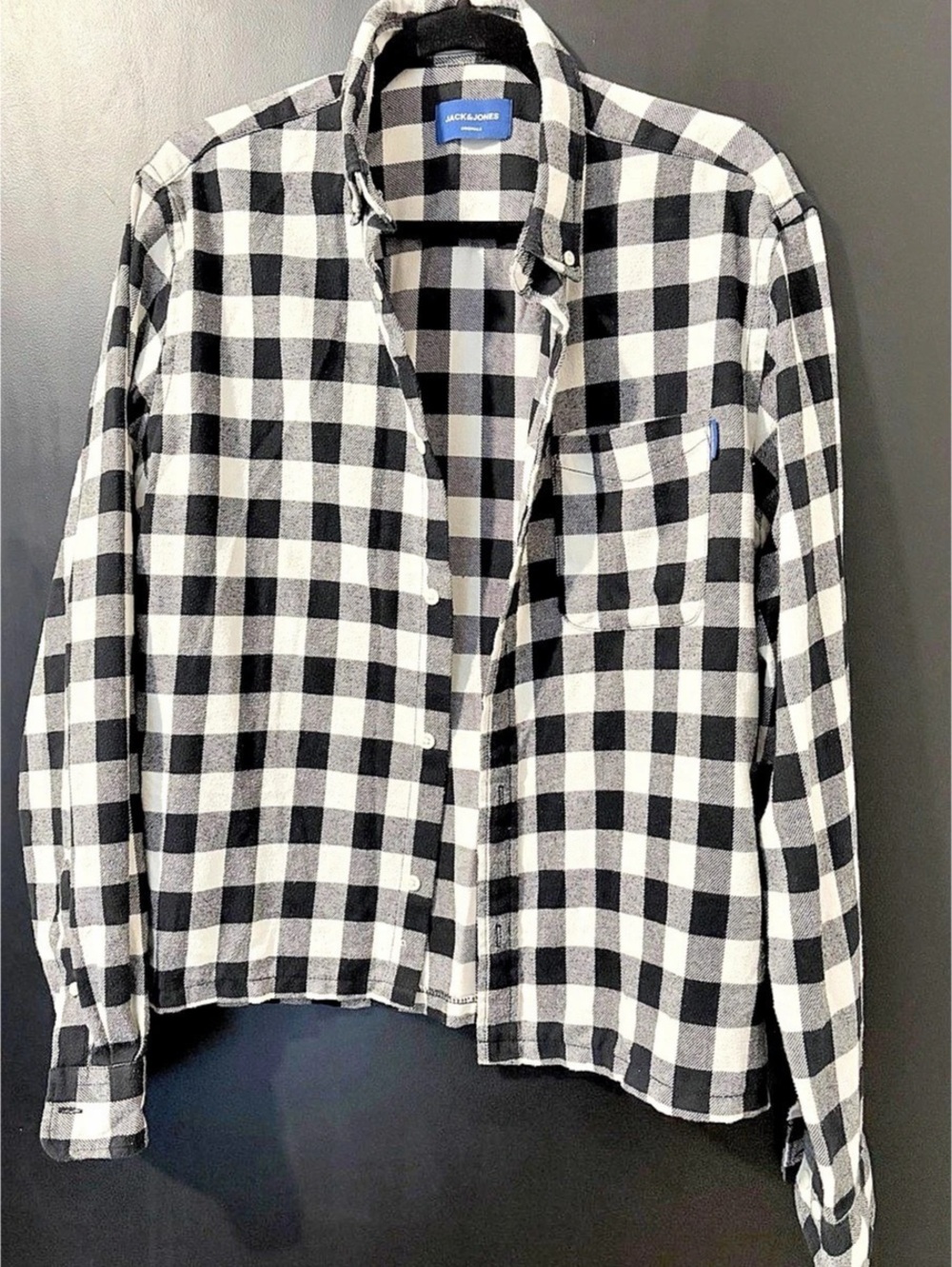 JACK & JONES Originals Black White Buffalo Plaid Flannel Shirt Originals Buffalo